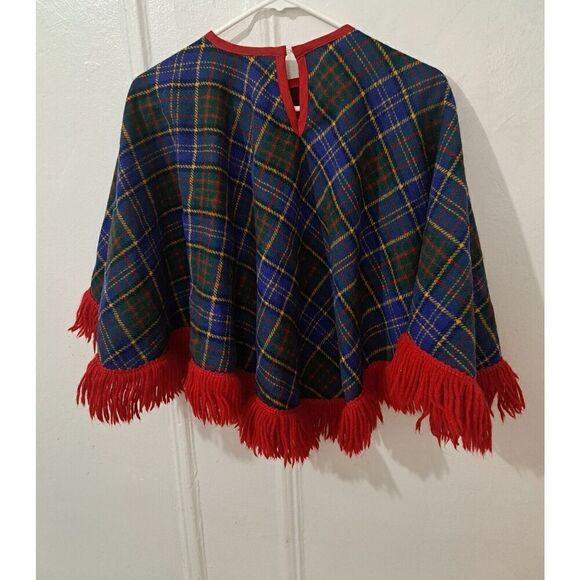 Vintage  70's WOOL TARTAN PLAID FRINGE WOMENS SMALL PONCHO CAPE RED BLUE Sweater - Picture 5 of 5